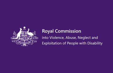 Logo for the DRC with purple background and white text reading Royal Commission into Violence, Abuse, Neglect and Exploitation of People with Disability, with Australian Government coast of arms also in white
